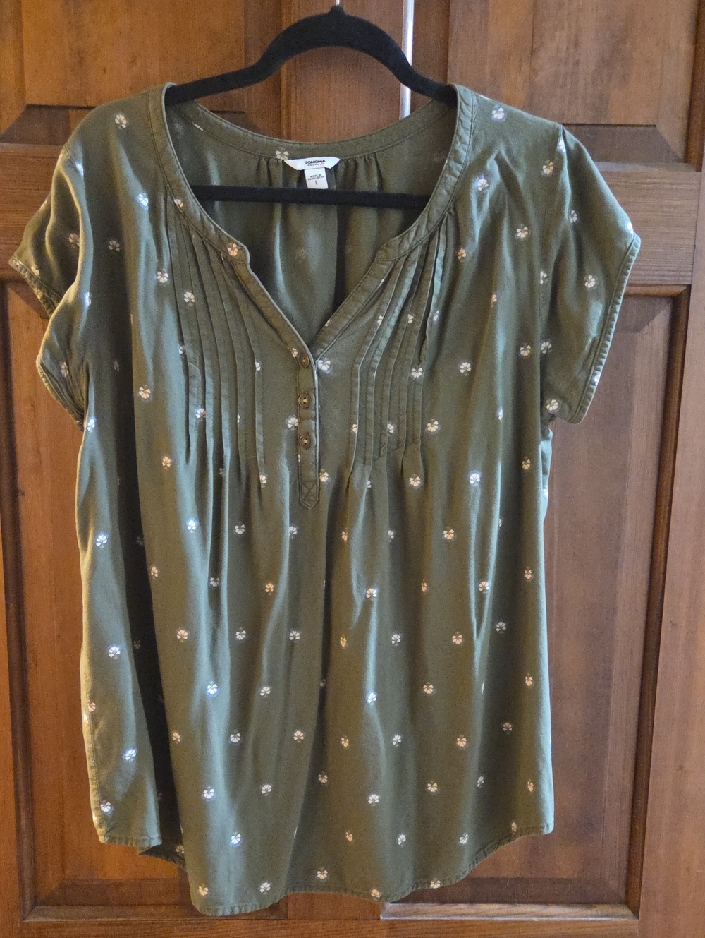 Sonoma Olive Green Pintuck V-Neck Blouse with Tiny Embroidered Dots